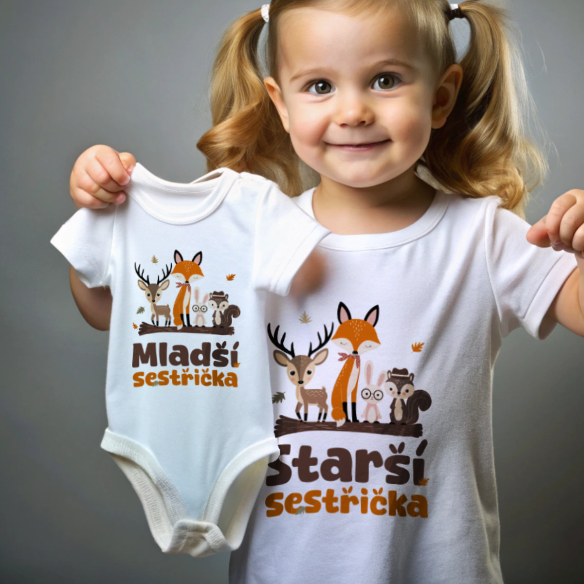 Tričko s potiskem Starší sestřička zvířátka z lesa